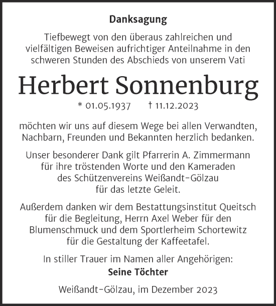 Traueranzeige von Herbert Sonnenburg von Trauerkombi Köthen