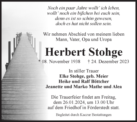 Traueranzeige von Herbert Stohge von Volksstimme Staßfurt