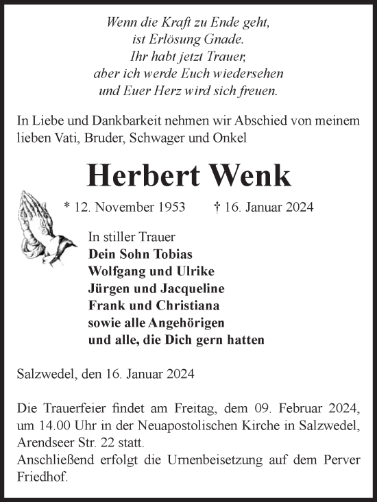 Traueranzeige von Herbert Wenk von Volksstimme Altmark West