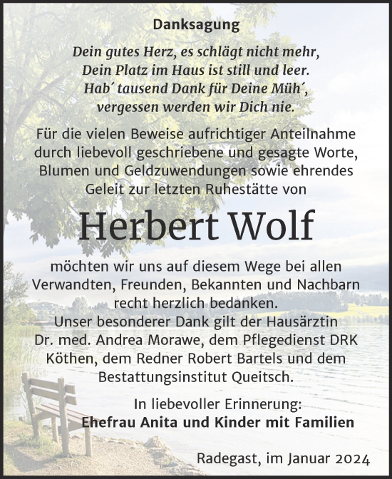 Traueranzeige von Herbert Wolf von Trauerkombi Köthen