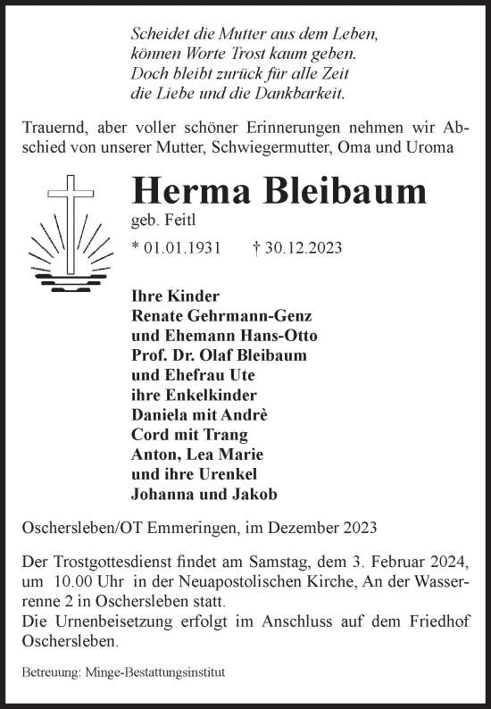 Traueranzeige von Herma Bleibaum von Volksstimme Oschersleben/Wanzleben
