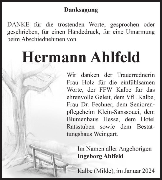 Traueranzeige von Hermann Ahlfeld von Volksstimme Altmark West