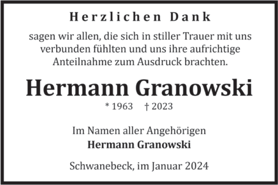 Traueranzeige von Hermann Granowski von Volksstimme Halberstadt