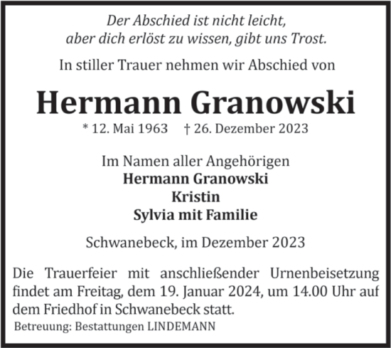 Traueranzeige von Hermann Granowski von Volksstimme Halberstadt