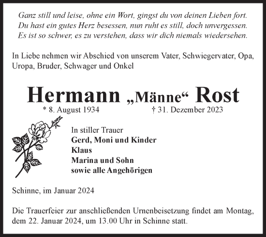 Traueranzeige von Hermann Rost von Volksstimme Altmark Ost