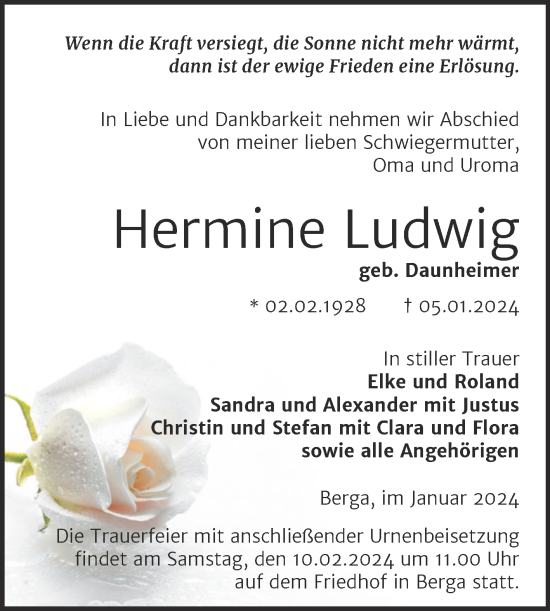 Traueranzeige von Hermine Ludwig von Trauerkombi Sangerhausen