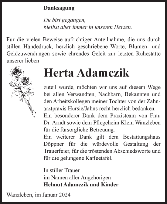 Traueranzeige von Herta Adamczik von Volksstimme Oschersleben/Wanzleben