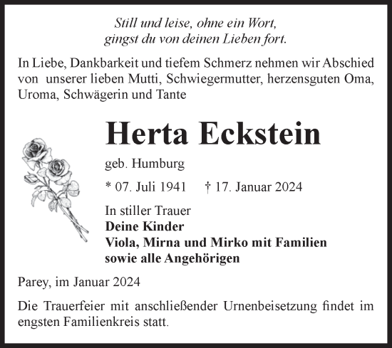 Traueranzeige von Herta Eckstein von Volksstimme Burg/Genthin