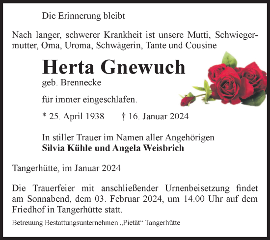 Traueranzeige von Herta Gnewuch von Volksstimme Altmark Ost