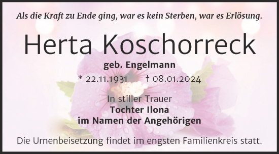 Traueranzeige von Herta Koschorreck von Trauerkombi Merseburg