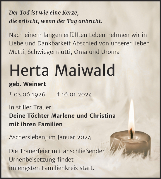 Traueranzeige von Herta Maiwald von Trauerkombi Aschersleben