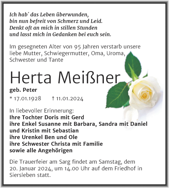 Traueranzeige von Herta Meißner von Trauerkombi Mansfelder Land