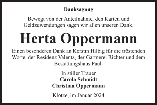 Traueranzeige von Herta Oppermann von Volksstimme Altmark West