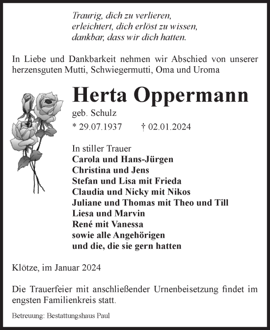 Traueranzeige von Herta Oppermann von Volksstimme Altmark West