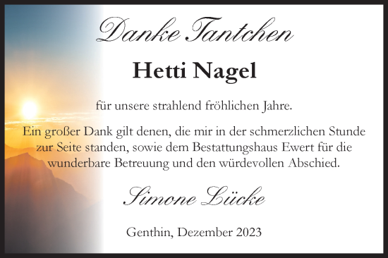 Traueranzeige von Hetti Nagel von Volksstimme Burg/Genthin