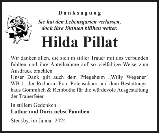 Traueranzeige von Hilda Pillat von Volksstimme Zerbst