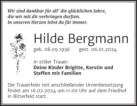 Traueranzeige von Hilde Bergmann von Trauerkombi Bitterfeld