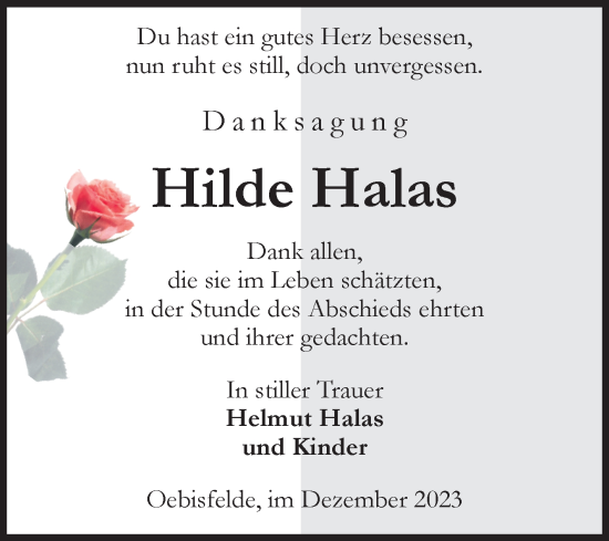 Traueranzeige von Hilde Halas von Volksstimme Altmark West