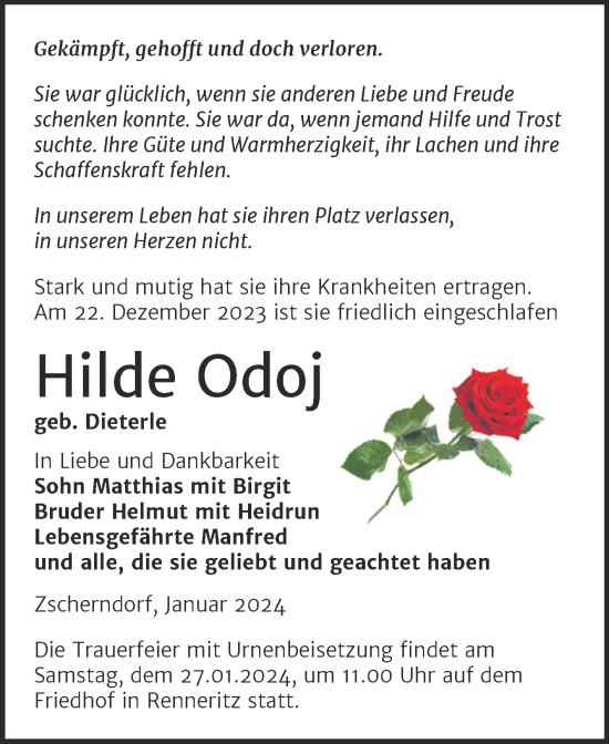 Traueranzeige von Hilde Odoj von Trauerkombi Bitterfeld