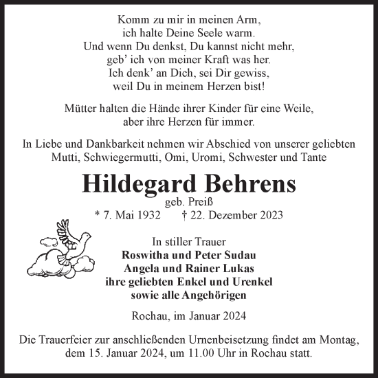 Traueranzeige von Hildegard Behrens von Volksstimme Altmark Ost