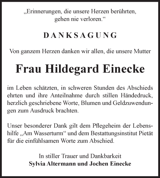 Traueranzeige von Hildegard Einecke von Volksstimme Staßfurt