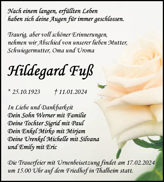 Traueranzeige von Hildegard Fuß von Trauerkombi Bitterfeld