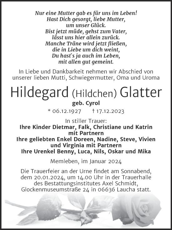 Traueranzeige von Hildegard Glatter von Wochenspiegel Naumburg/Nebra