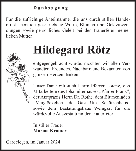 Traueranzeige von Hildegard Rötz von Volksstimme Altmark West