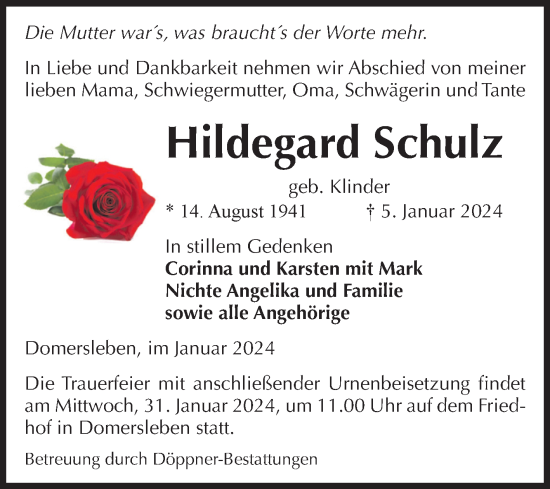 Traueranzeige von Hildegard Schulz von Volksstimme Oschersleben/Wanzleben