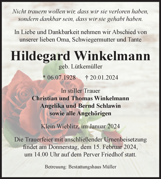Traueranzeige von Hildegard Winkelmann von Volksstimme Altmark West