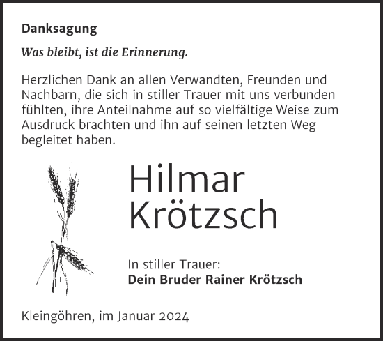 Traueranzeige von Hilmar Krötzsch von Trauerkombi Weißenfels