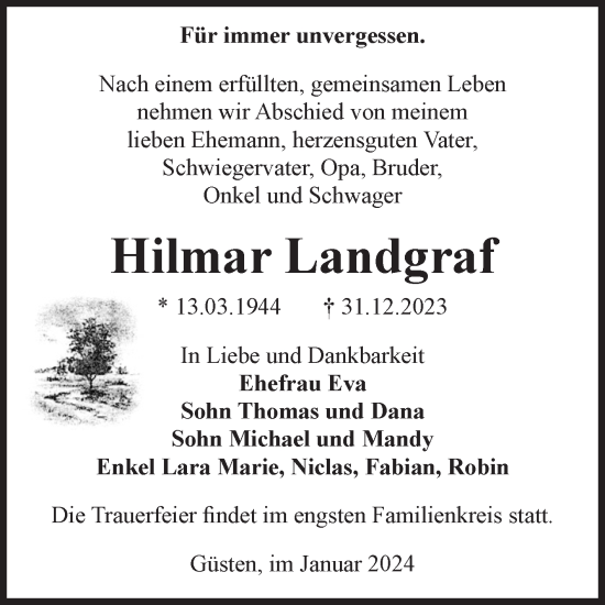 Traueranzeige von Hilmar Landgraf von Volksstimme Staßfurt