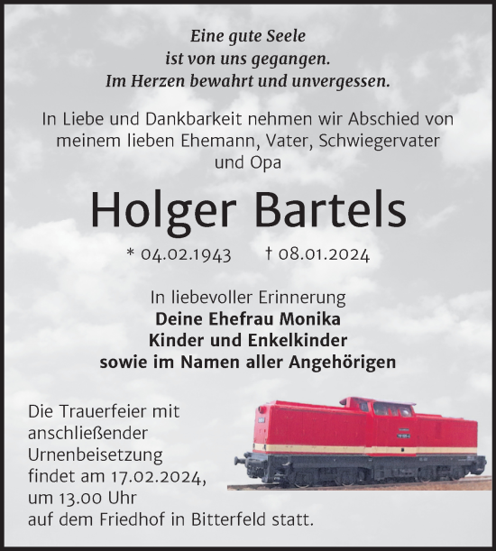 Traueranzeige von Holger Bartels von Trauerkombi Bitterfeld