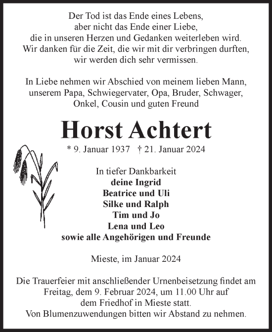 Traueranzeige von Horst Achtert von Volksstimme Altmark West