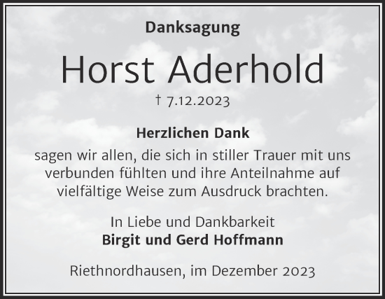 Traueranzeige von Horst Aderhold von Trauerkombi Sangerhausen