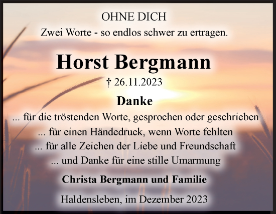 Traueranzeige von Horst Bergmann von Volksstimme Haldensleben/Wolmirstedt