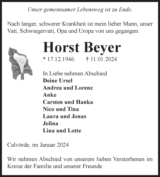 Traueranzeige von Horst Beyer von Volksstimme Haldensleben/Wolmirstedt