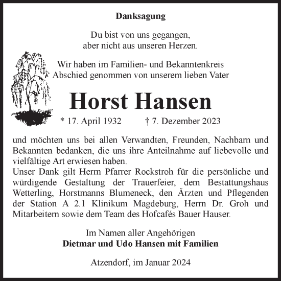 Traueranzeige von Horst Hansen von Volksstimme Staßfurt