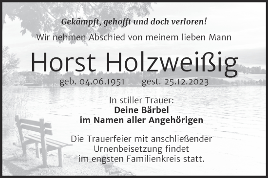Traueranzeige von Horst Holzweißig von Trauerkombi Bitterfeld
