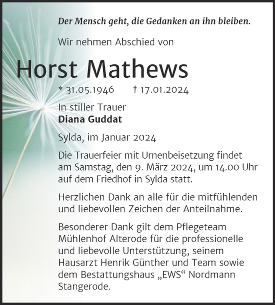 Traueranzeige von Horst Mathews von Trauerkombi Mansfelder Land