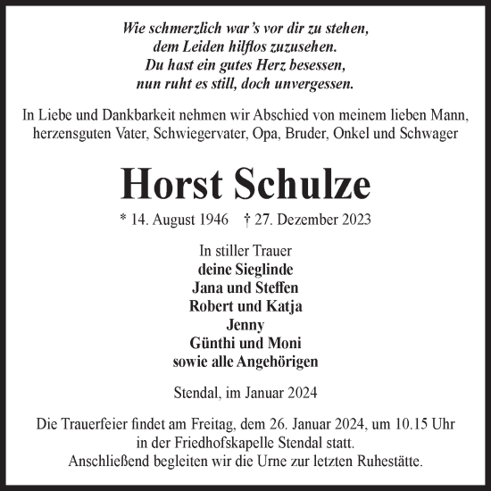 Traueranzeige von Horst Schulze von Volksstimme Altmark Ost