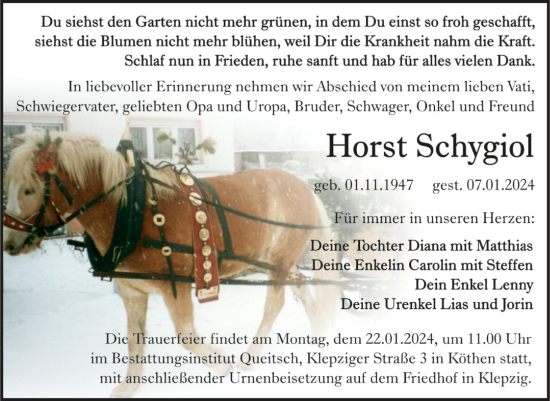 Traueranzeige von Horst Schygiol von Trauerkombi Köthen