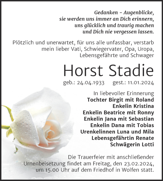 Traueranzeige von Horst Stadie von Trauerkombi Bitterfeld