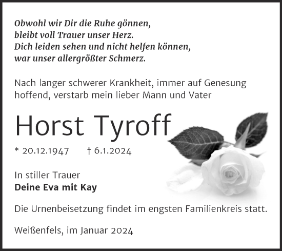 Traueranzeige von Horst Tyroff von Wochenspiegel Weißenfels