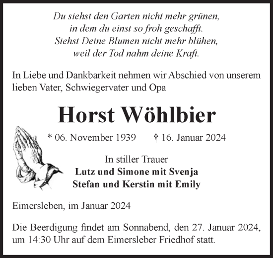Traueranzeige von Horst Wöhlbier von Volksstimme Haldensleben/Wolmirstedt