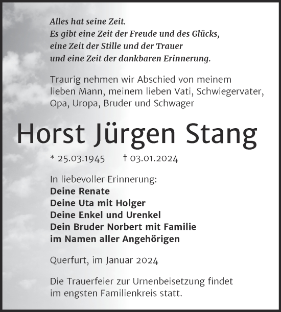 Traueranzeige von Horst Jürgen Stang von Trauerkombi Merseburg