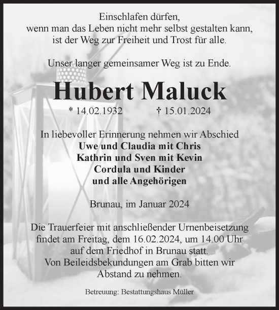 Traueranzeige von Hubert Maluck von Volksstimme Altmark West