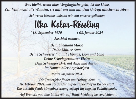 Traueranzeige von Ilka Kolar-Rössling von Trauerkombi Quedlinburg