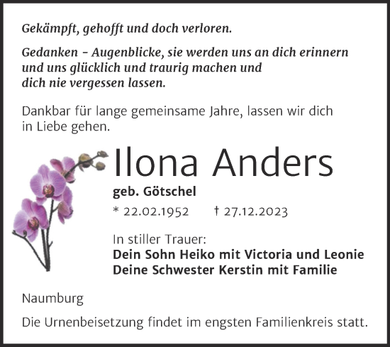 Traueranzeige von Ilona Anders von Wochenspiegel Naumburg/Nebra