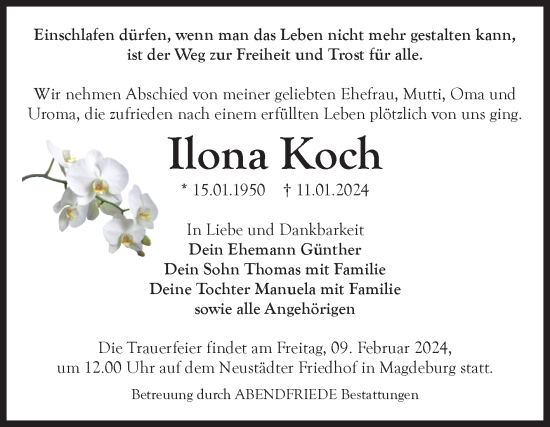 Traueranzeige von Ilona Koch von Volksstimme Magdeburg